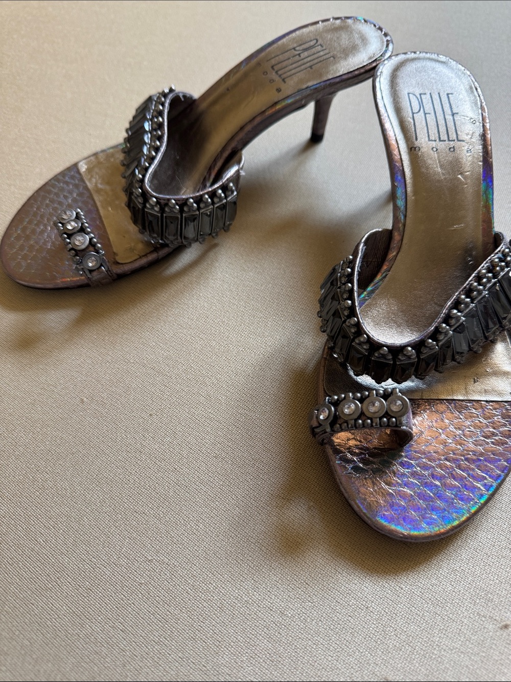 Pelle Moda Iridescent Metallic Beaded Slide Heels - Silver with Multicolor Sheen